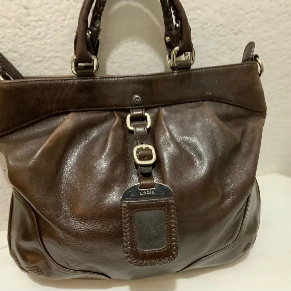 Lodis handbag double handles zip top pleated front brown